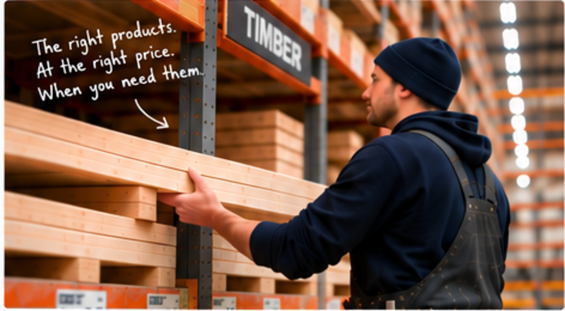 Tradesperson selecting timber inside a builders merchant