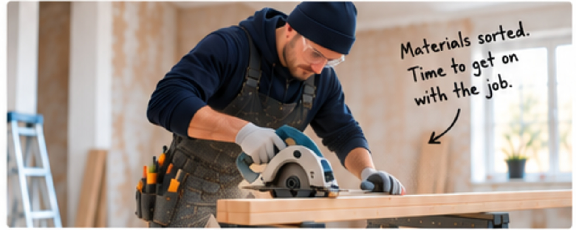Tradesperson cutting timber on site inside the same renovation project